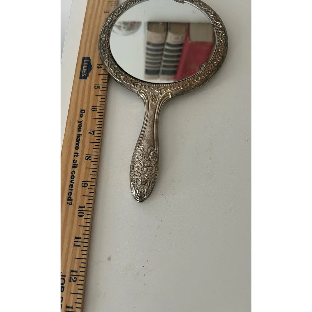 Vintage Silver Tone Ornate Repousse Vanity Set Mirror Brush Comb 3 Piece Floral